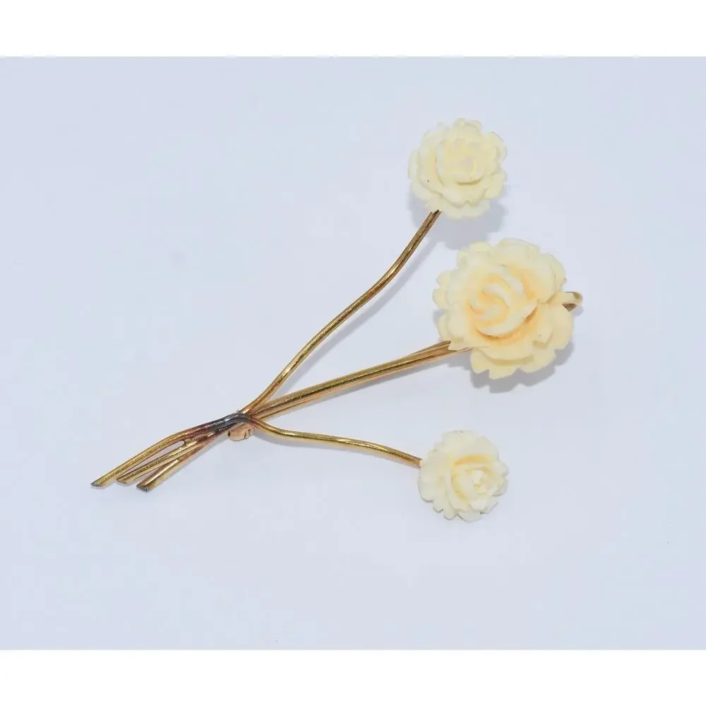 Vintage Winard 12K Gold Filled Carved Celluloid Flower Floral Brooch Pin